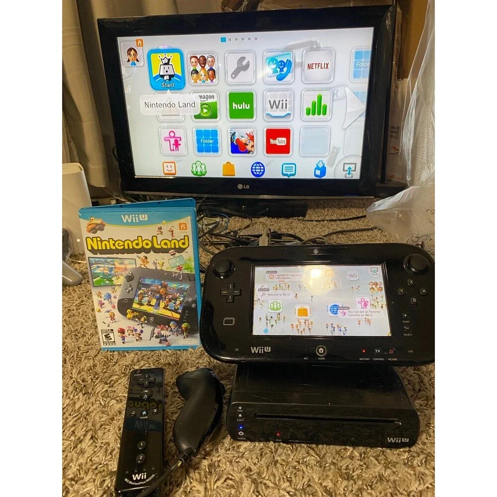 Nintendo Wii U Black 32GB complete Gamepad Wii remote nunchuk cables